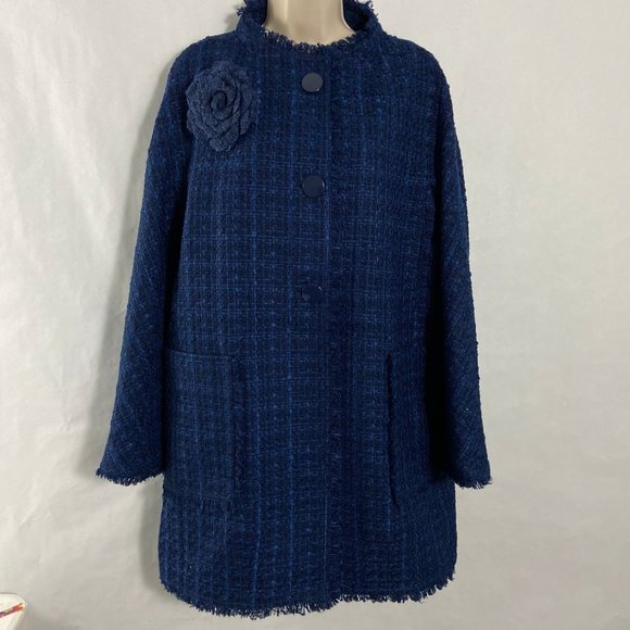 NWOT Kate Spade Womens Tweed Corsage Coat M Peacoat Navy Blue Flower Button